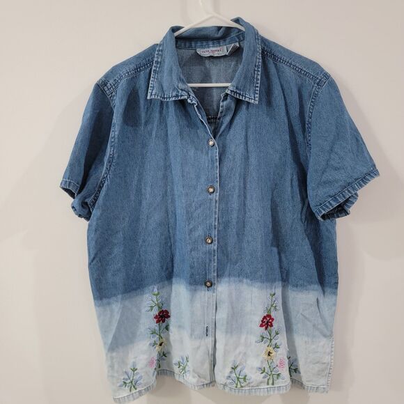 Vintage Jane Ashley Womens Button Up Size 1X Embroidered Floral Chambray - Picture 1 of 7